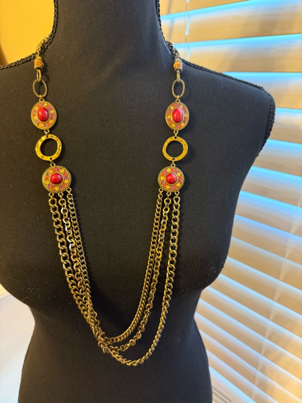 Gold-Tone Long Necklace with Red Cabochon Accents - Picture 3 of 3